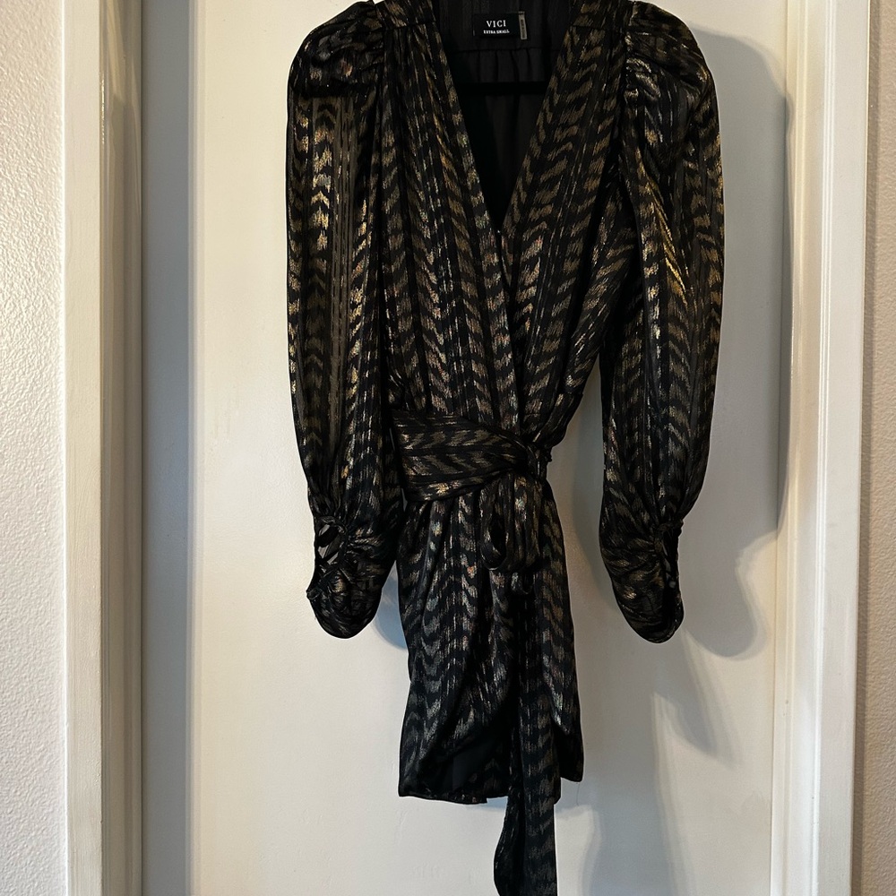 VICI Black & Gold Metallic Chevron Wrap Romper